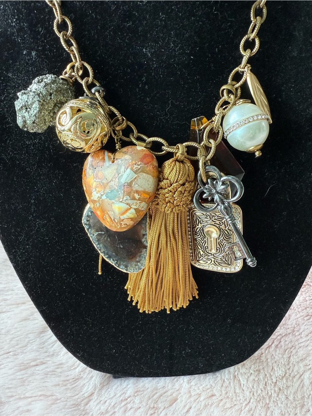 Gold-Tone Multi-Charm Necklace with Orange Mosaic Heart